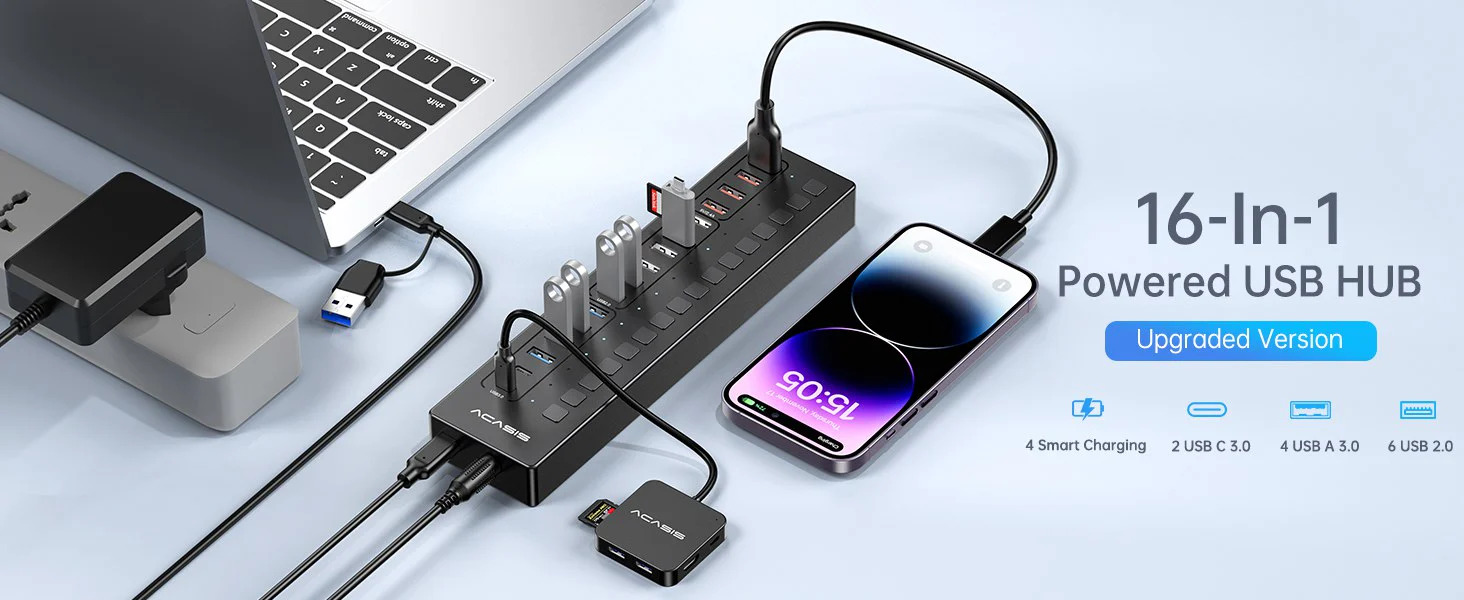 Розумний USB-хаб Acasis DS-516PB на 16 портів USB-C/USB 5 Гбіт/с розгалужувач з живленням від мережі